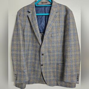 Peter Millar Mens Size 48R Brown/Gray Plaid Blue Windowpayne Sport Blazer Jacket
